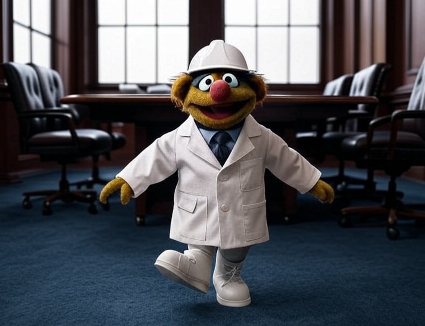Muppet in white mgf clothes in boardroom